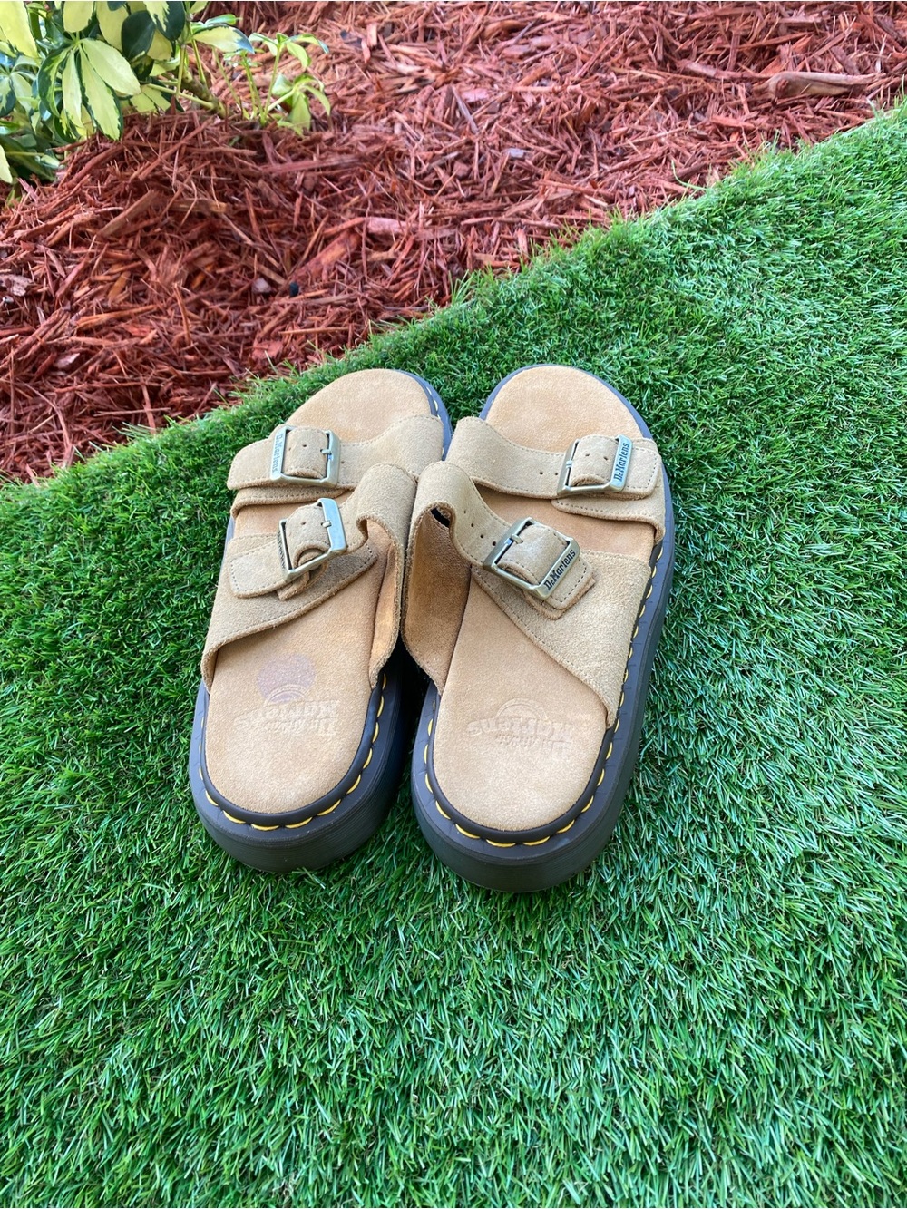 Dr. Martens Tan Suede Double-Buckle Slide Sandals with Black Sole